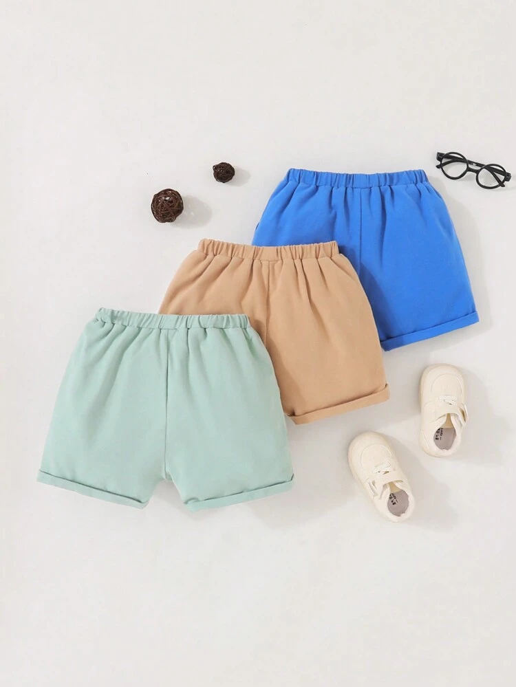 3pcs Baby Boys' Casual Solid Color Elastic Waist Shorts Set