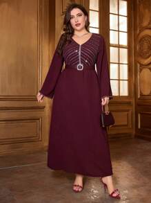 Modelyn Burgundy Red Plus Size V-Neck Long Sleeve Dress With Rhinestone Decoration