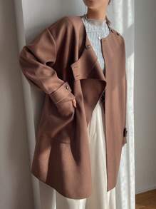 FRIFUL 女式無領口大衣,配有口袋 - 米色 - 查看 4