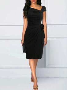 女士优雅不对称领口褶饰扭纹裹身连衣裙