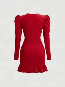 SHEIN MOD Women's Puff Sleeve And Ruffle Hem Dress - Red - View 2