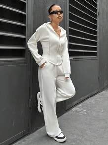 SHEIN Unity Women's Drawstring Hooded Sweatshirt And Sweatpants Set - White - View 4