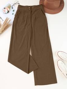 Chất rắn Cao eo Túi Nút Cơ bản Quần - màu nâu - Xem 6