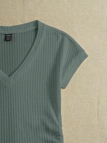 SHEIN EZwear Dệt kim Quý cô Dệt kim Waff Lưới Cổ chữ V Áo thun - Màu xanh Ô liu - Xem 4