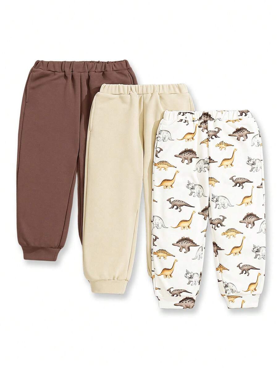 SHEIN 男孩三件純色針織長褲加可愛恐龍圖案針織長褲 - 棕色 - 查看 1