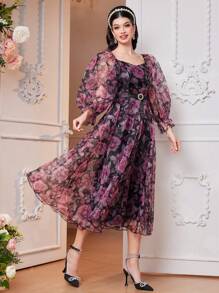 Modelyn 女士花卉印花网眼连衣裙，优雅晚会礼服 - 黑色 - 查看 5