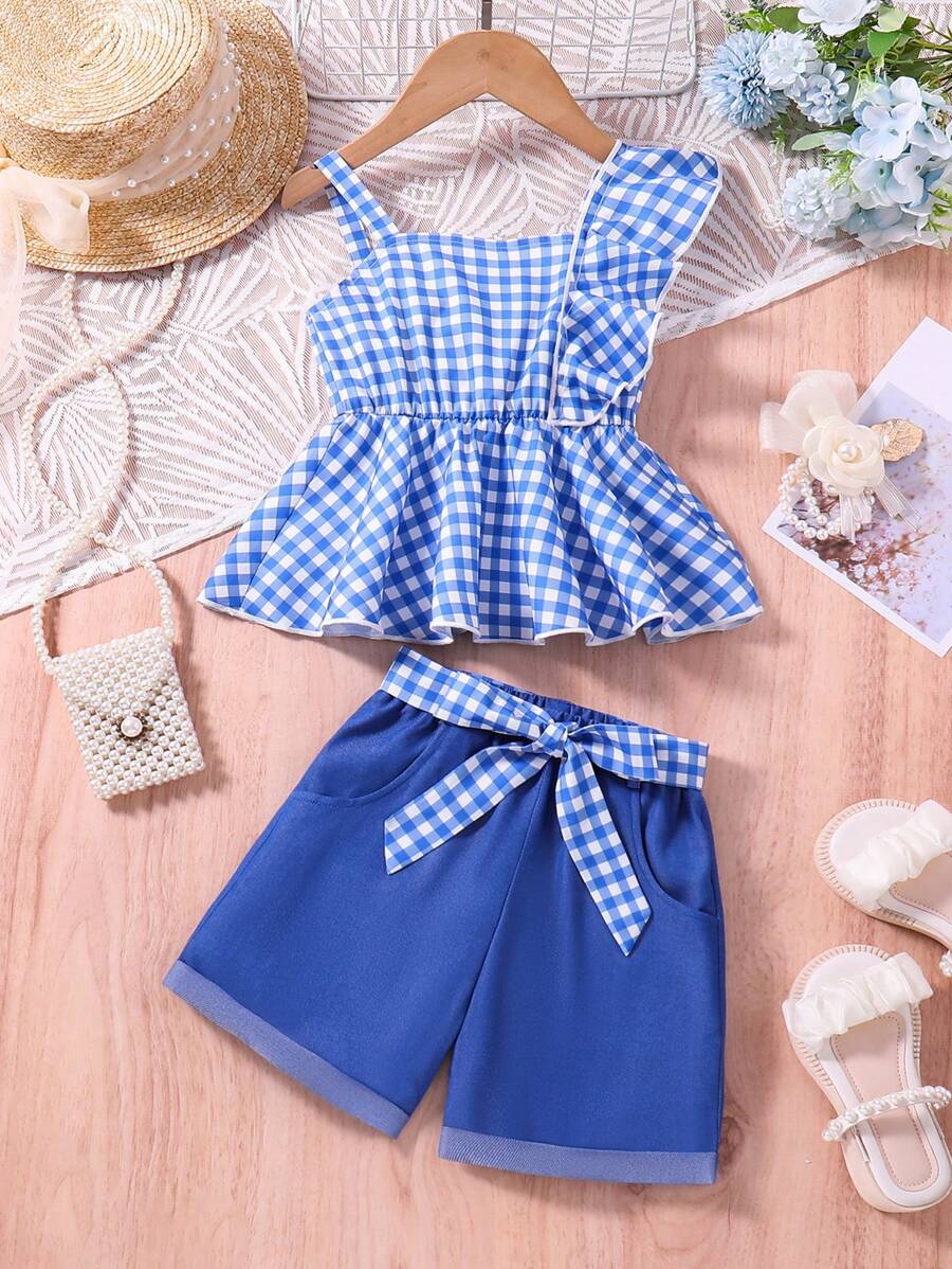 SHEIN Toddler Girls' Summer Simple Style Plaid One Shoulder Top And Waist Belted Shorts Set - Blue - View 1
