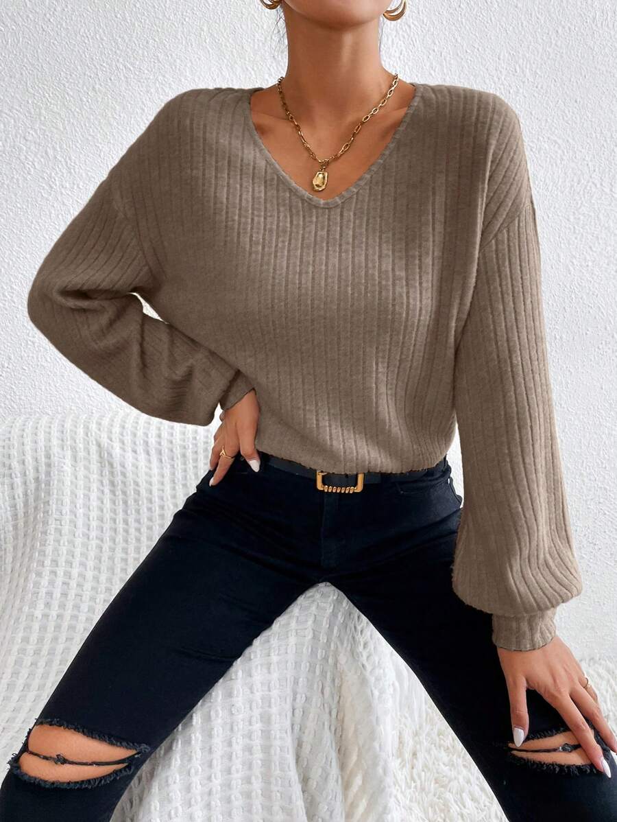 SHEIN Essnce 女款落肩落肩長袖t卹 - 卡其色 - 查看 1