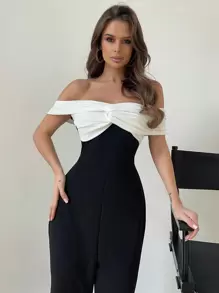 Aloruh Ladies' Color Block Off-Shoulder Evening Dress Jumpsuit - Black and White - View 6