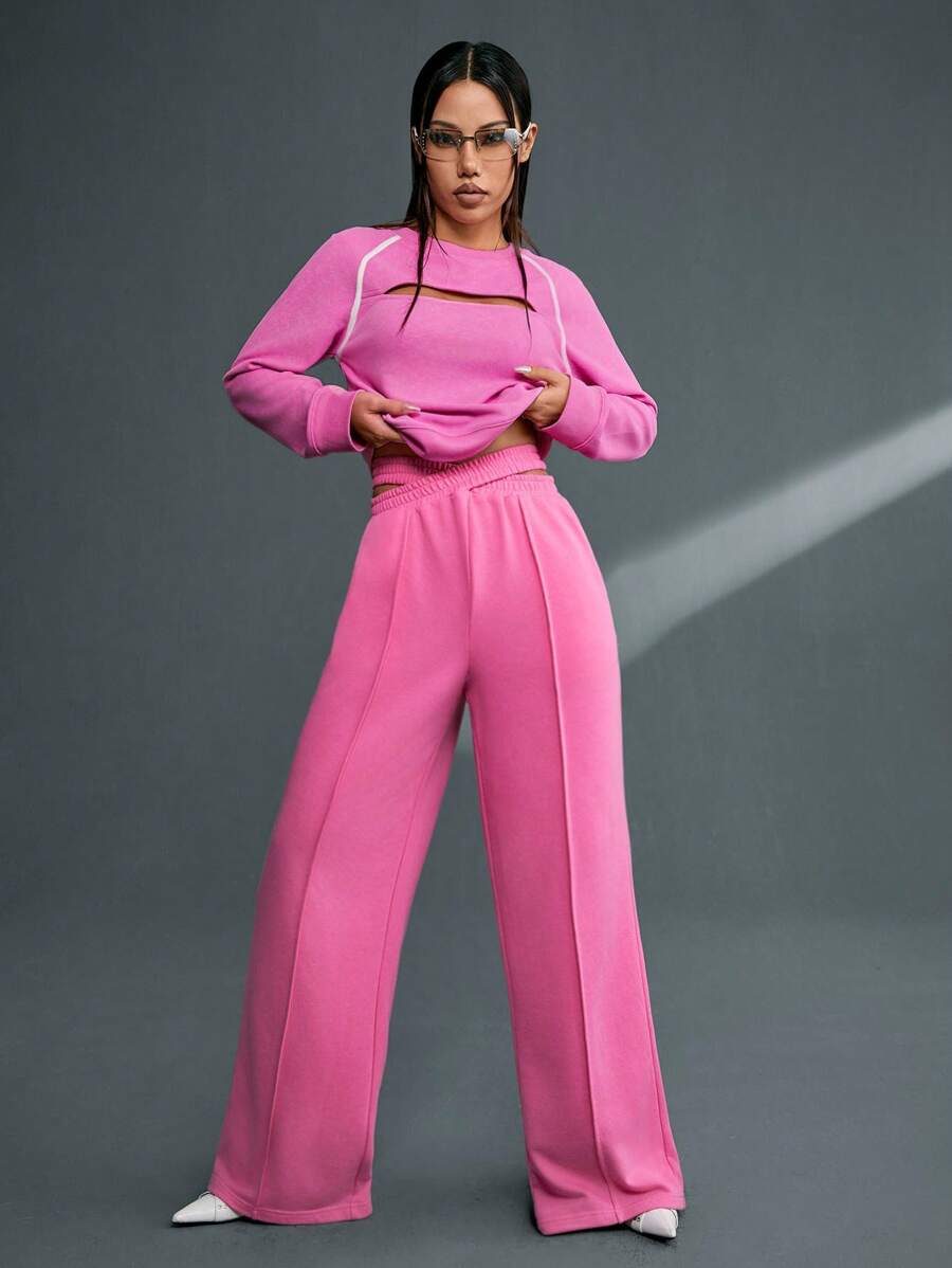 SHEINNeu Hollow Out Hem Contrast Women'S Sweatshirt - Pink - View 1