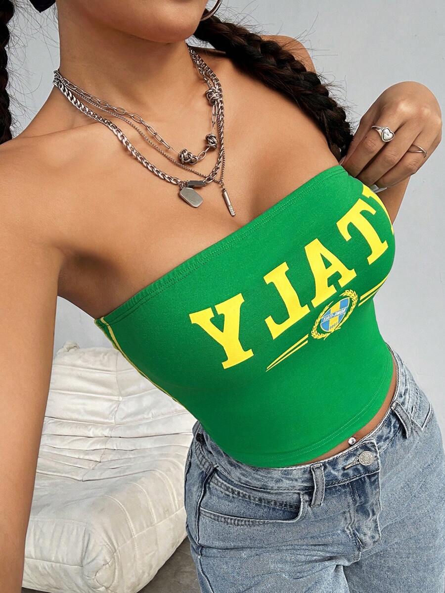 SHEIN EZwear Women's Mexican-Style Colorful Fitted Strapless Top, Suitable For Spring And Summer Wearing - Green - View 1