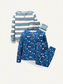 Cozy Pixies 嬰兒男童貼身睡衣套裝，卡通動物與條紋圓領上衣和長褲，4入組 - 寶藍色 - 查看 13