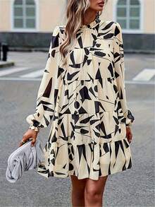 女士長袖幾何印花連衣裙 - 杏色 - 查看 3