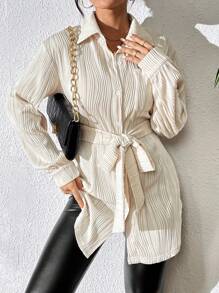 SHEIN Frenchy Women's Solid Color Textured Belted Shirt - White - View 6