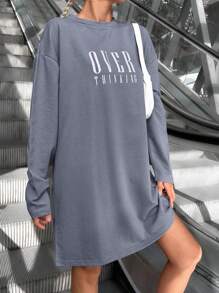 EURMUSE Letter Graphic Drop Shoulder Tee Dress - Grey - View 3