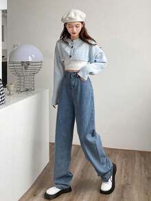 Jeans de tiro alto y pierna recta para mujeres con detalle de amarre en la parte posterior - Azul lavado oscuro - Ver 3