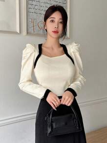 Dazy Designer 女士拼色泡泡袖毛衣、荷叶边、秋装 - 米色 - 查看 9