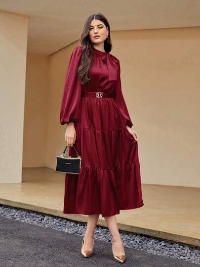 Modelyn Burgundy Red Lantern Sleeve Ruffle Hem Belted Dress Long Evening Dresses
