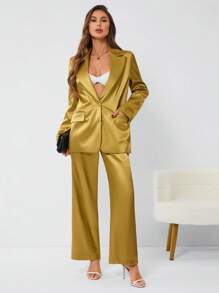 GENKIRA 女用緞面長袖西裝套裝 - 金色 - 查看 6