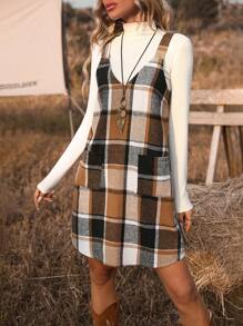 SHEIN Unity 女士格子印花背心連身裙 - 卡其色 - 查看 3