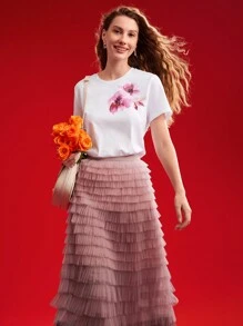 MOTF PREMIUM 针织女式花卉印花短袖 T 恤，情人节 - 白色 - 查看 4