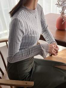 FRIFUL 女士荷葉邊條紋t恤,帶褶皺袖 - 灰色 - 查看 6