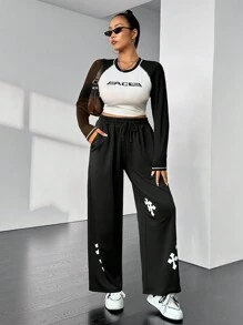 SHEIN EZwear 大號十字印花抽繩腰部斜口袋運動褲 - 黑色 - 查看 4