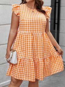 SHEIN LUNE Vestido De Cuadros Vichy Con Borde De Volante Y Talla Grande Para Mujeres - Naranja - Ver 1