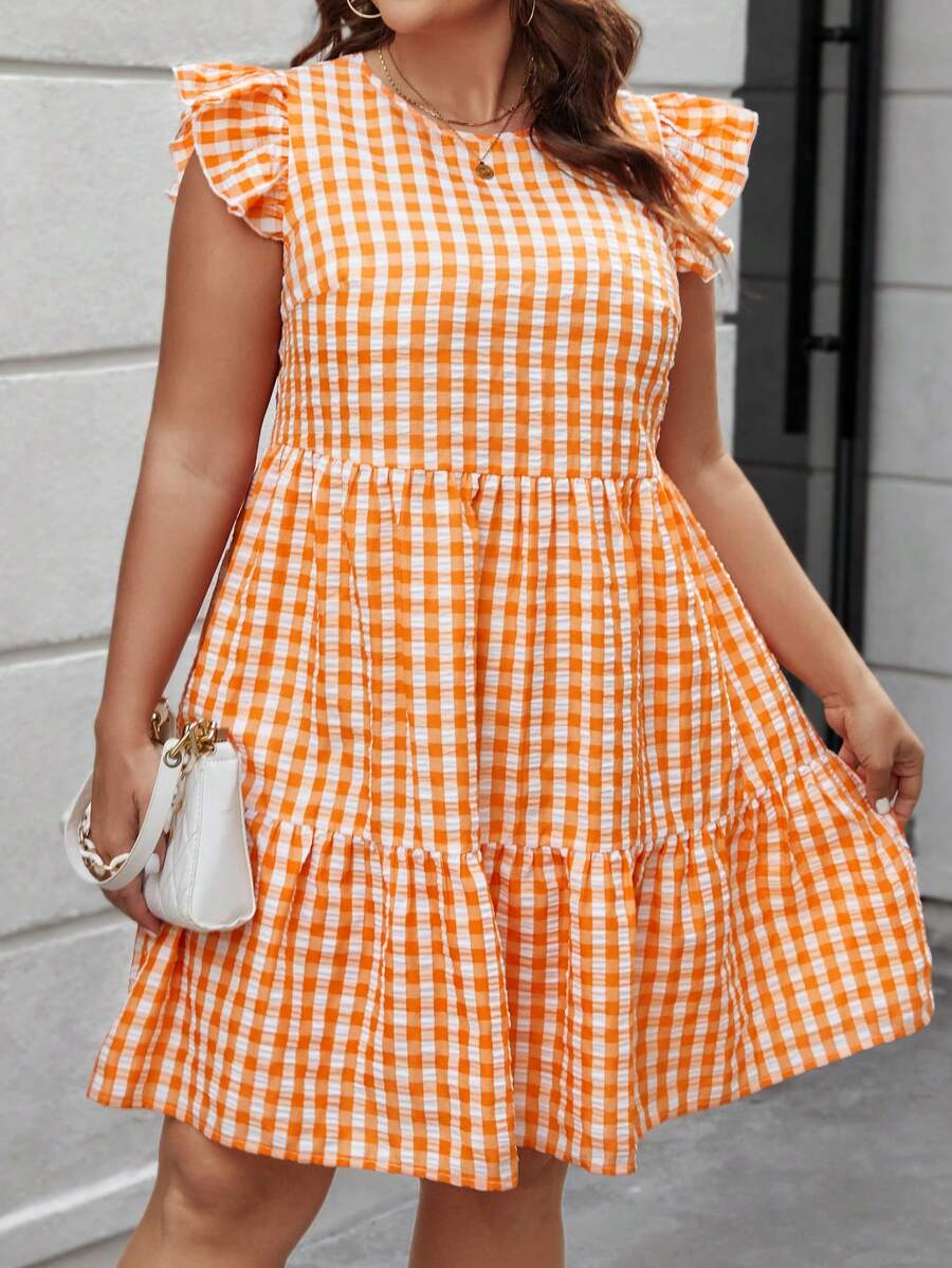 SHEIN LUNE Vestido De Cuadros Vichy Con Borde De Volante Y Talla Grande Para Mujeres - Naranja - Ver 1
