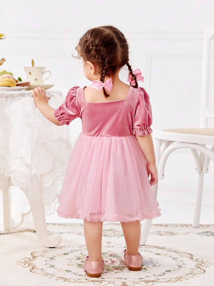Baby Girls' Elegant Velvet Puff Sleeve Mesh Short Sleeve Dress With Patchwork