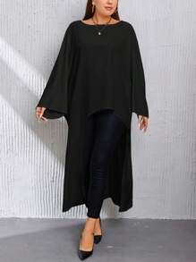 SHEIN Privé Plus Size Asymmetric Hem Batwing Sleeve Long Blouse - Black - View 5