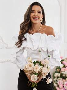 SHEIN Privé 情人節女裝誇張荷葉邊襯衫 - 白色 - 查看 3