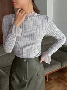 FRIFUL 女士荷葉邊條紋t恤,帶褶皺袖 - 灰色 - 查看 5