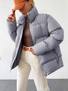 EURMUSE Zip Up Snap Button Puffer Coat - Grey - View 1