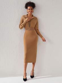 GOUGHS GRACES 设计师女士领口双纽扣前针织优雅毛衣裙，适合度假 - 卡其色 - 查看 4