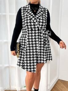 SHEIN Privé 大尺碼女性的犬牙紋結扣細節側面套裝 - 黑與白 - 查看 6