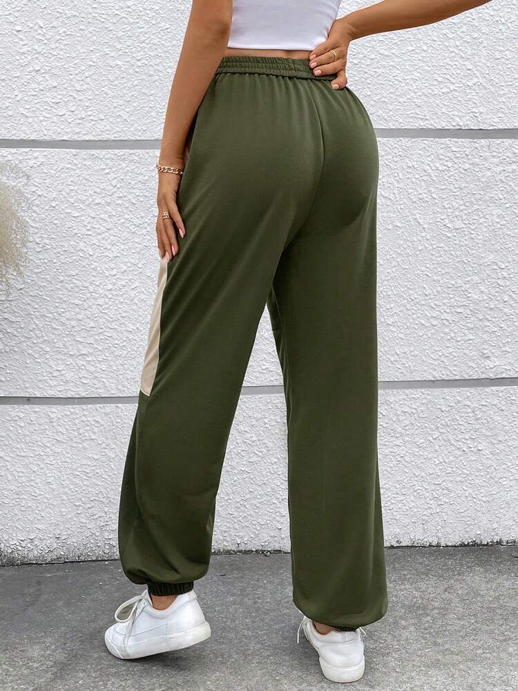 Contrast Color Sweatshirt With Elasticated Waist And Diagonal Pockets Fall Cloth For Women