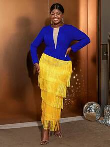 撞色長袖修身流蘇連身裙 - 藍色 - 查看 5