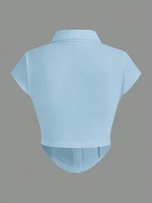 SHEIN EZwear 女士不对称下摆翻领衬衫 - 藍色 - 查看 2