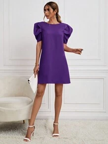 SHEIN Clasi 女裝短袖泡泡連衣裙 - 紫色 - 查看 3