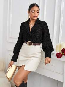 GENKIRA 女款純色燈籠袖襯衫 - 黑色 - 查看 1