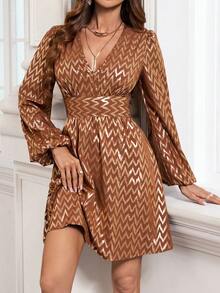 SHEIN Privé 女士之細條紋圖案印花燈籠袖連身裙 - 咖啡棕 - 查看 3