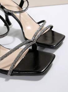 New Arrival Fashionable Rhinestone Embellished See-Through Thick Heel Double Straps Black Bow Sandals For Women, Summer Valentines - Black - View 4