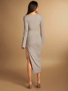 SHEIN BAE Women'S Solid Color High Slit Dress - Grey - View 2