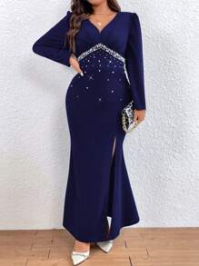 SHEIN Belle 女式大尺碼珍珠裝飾高開衩連身裙 - 藏蓝色 - 查看 6
