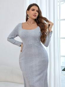 SHEIN Privé 加大尺寸純色肋編魚尾擺連衣裙 - 灰色 - 查看 6