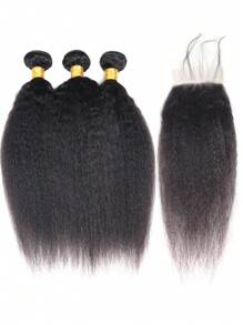 4pcs 4 X 4 Lace Closure Kinky Straight Human Hair Bundles With Closure Virgin Hair Extension Closure And 3 Bundles Real Double Weft Hair Weave Cheap Hair Daily Use Natural Black Color - Natural Black - View 2