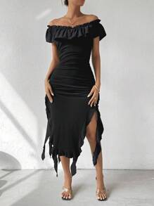 Zolique Women'S Ruffle Hem Pleated Split Dress - Black - View 5
