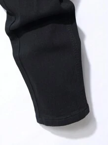 Manfinity Homme 男式棉质破洞磨边紧身纯色修身长款纯色黑色深色洗水牛仔裤洗水工装牛仔裤，适合送给老公、男朋友的礼物 - 黑色 - 查看 3