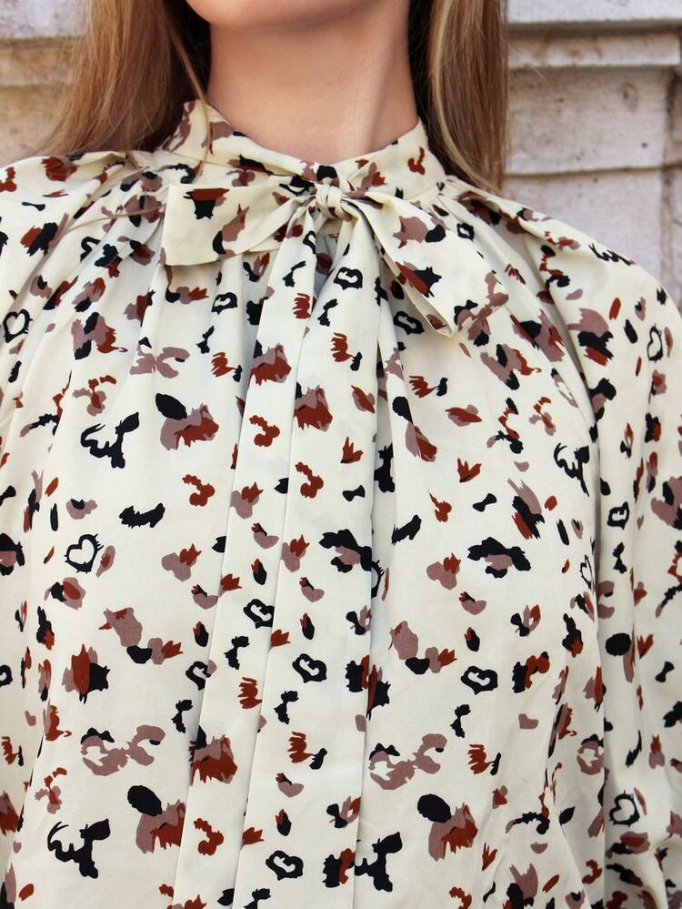 Tie Neck Leopard Print Lantern Sleeve Blouse Winter Elegant
